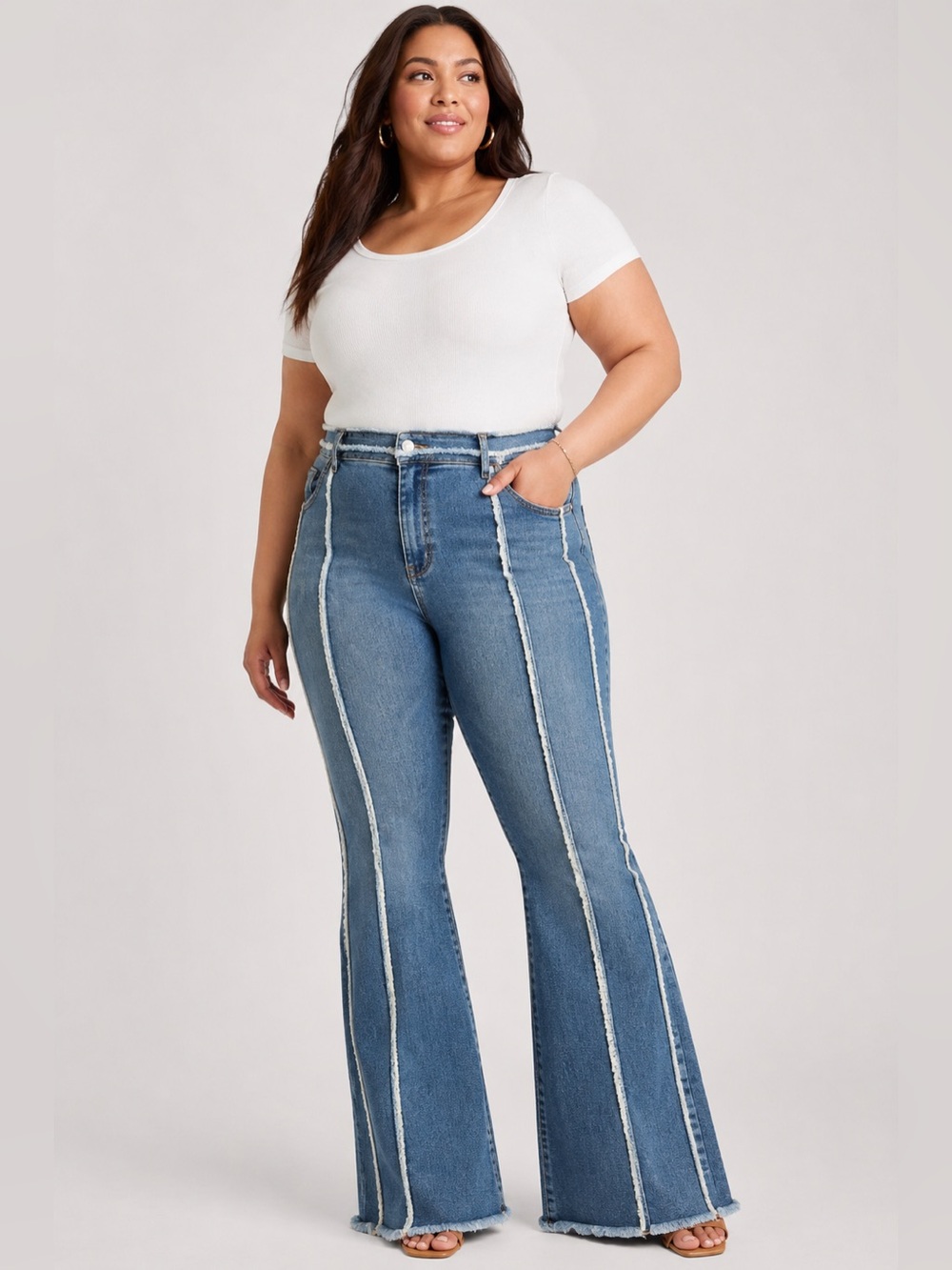 K Jordan Plus Size 20W Raw Hem Flare Wide Leg Jeans Exposed Seam - Picture 1 of 16
